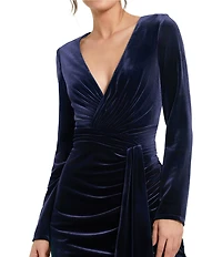 Mac Duggal Velvet Deep V-Neck Long Sleeve Draped Sheath Dress