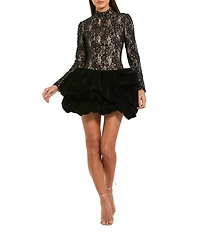 Mac Duggal Velvet Mock Neck Long Sleeve Lace Bubble Mini Dress