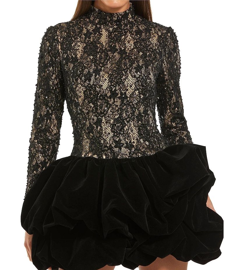 Mac Duggal Velvet Mock Neck Long Sleeve Lace Bubble Mini Dress