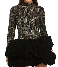 Mac Duggal Velvet Mock Neck Long Sleeve Lace Bubble Mini Dress