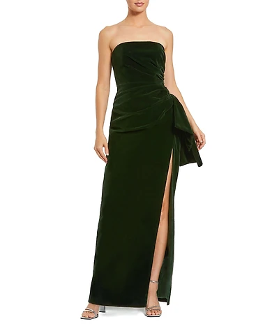 Mac Duggal Velvet Strapless Neck Sleeveless Faux Wrap Drape Side Side Slit Gown
