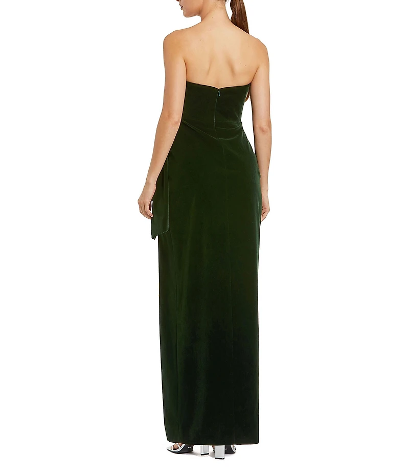 Mac Duggal Velvet Strapless Neck Sleeveless Faux Wrap Drape Side Side Slit Gown