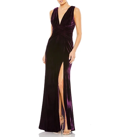Mac Duggal Velvet V-Neck Sleeveless Pleated Wrap Side Slit Gown