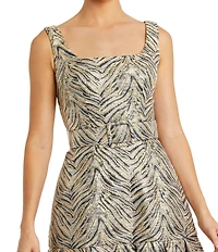 Mac Duggal Zebra Print Brocade Jacquard Square Neck Sleeveless Belted Ball Gown