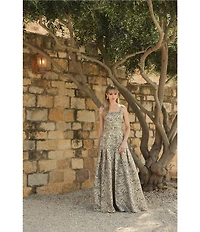 Mac Duggal Zebra Print Brocade Jacquard Square Neck Sleeveless Belted Ball Gown