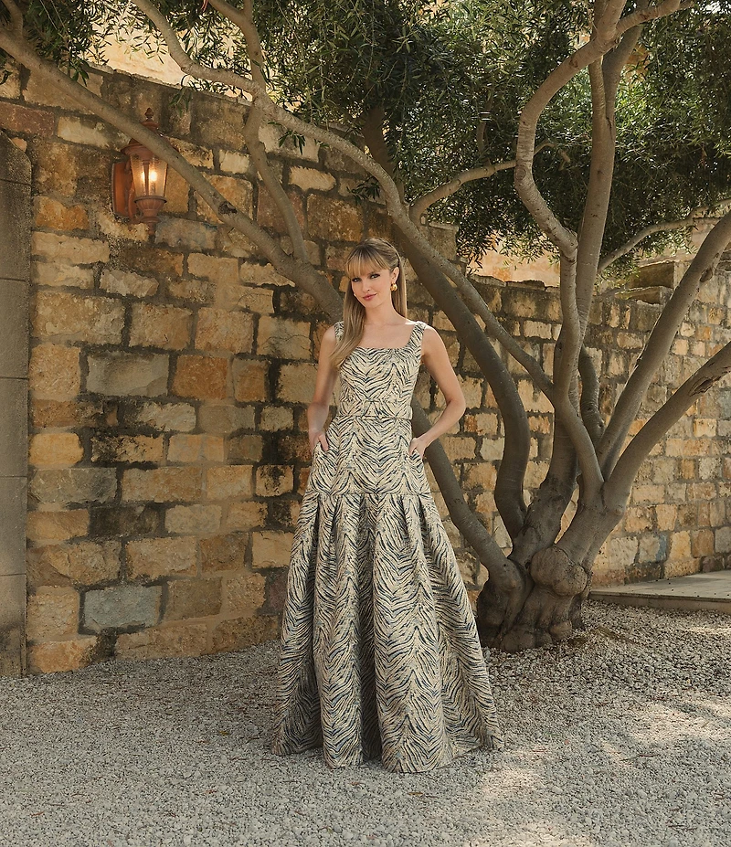 Mac Duggal Zebra Print Brocade Jacquard Square Neck Sleeveless Belted Ball Gown