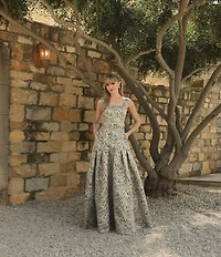 Mac Duggal Zebra Print Brocade Jacquard Square Neck Sleeveless Belted Ball Gown