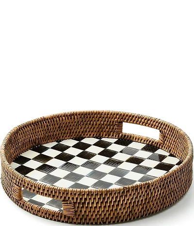MacKenzie-Childs Check Enamel & Rattan Round Serving Tray