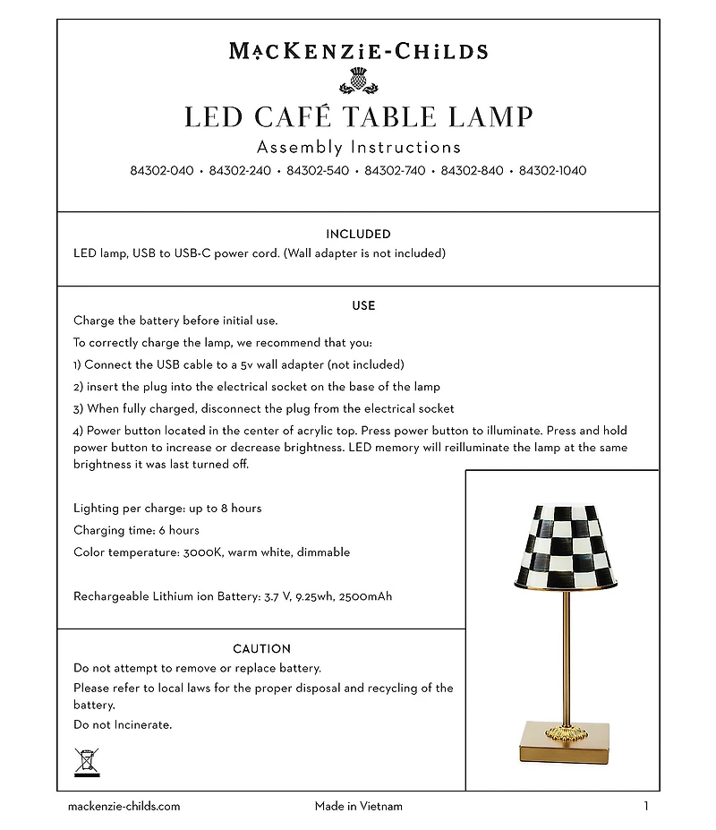 MacKenzie-Childs Check LED Rechargeable Cafe Table Lamp
