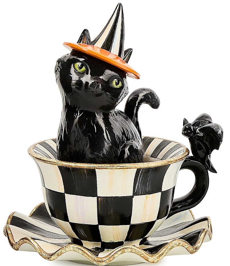 MacKenzie-Childs Halloween Collection Courtly Check Teacup Cat Decor
