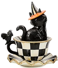 MacKenzie-Childs Halloween Collection Courtly Check Teacup Cat Decor
