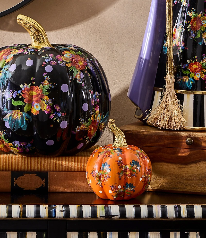 MacKenzie-Childs Harvest Black Flower Market Medium Pumpkin Decor