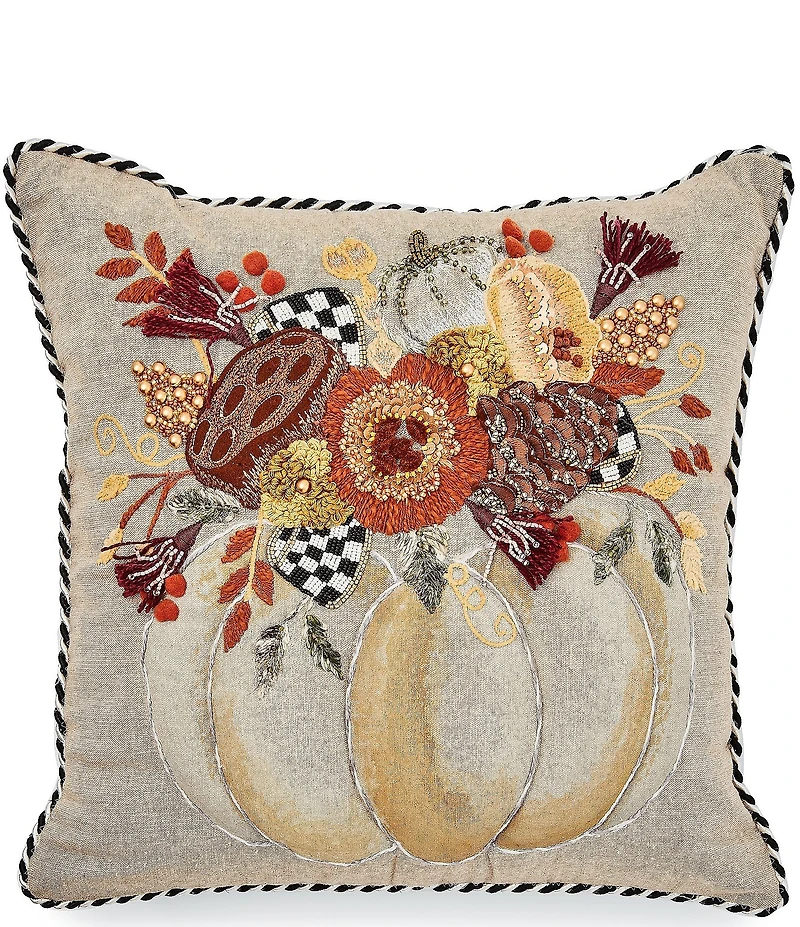 MacKenzie-Childs Harvest Collection Autumn Frost Beaded Pumpkin Throw Pillow