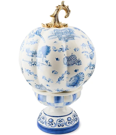 MacKenzie-Childs Harvest Royal Autumn Toile Short Pedestal Pumpkin Decor