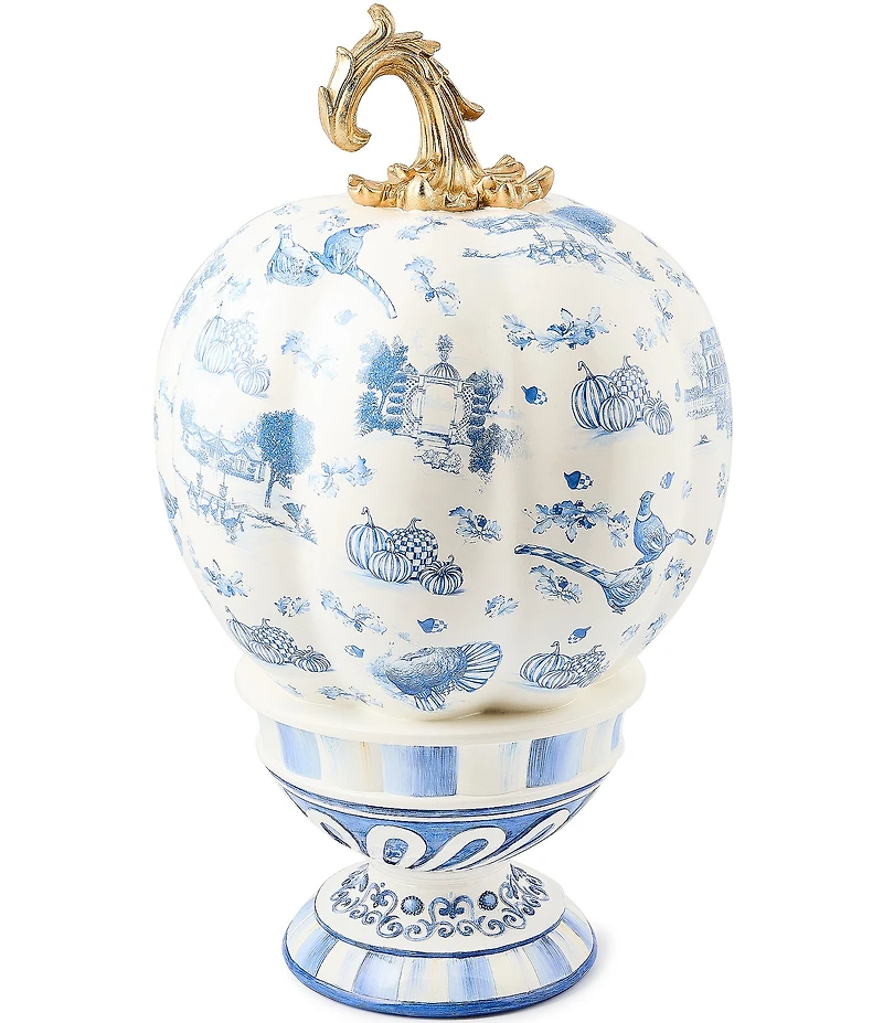 MacKenzie-Childs Harvest Royal Autumn Toile Tall Pedestal Pumpkin Decor