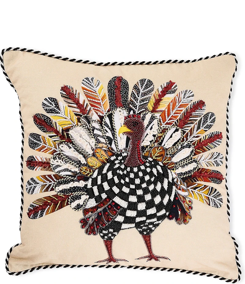 MacKenzie-Childs Harvest Turkey Checked Embellished Square Pillow