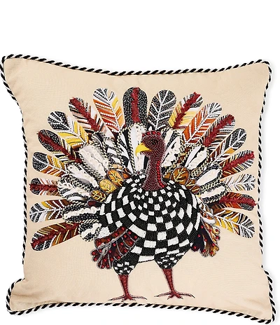 MacKenzie-Childs Harvest Turkey Checked Embellished Square Pillow