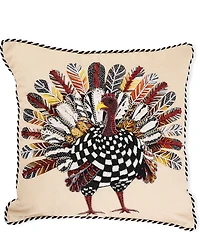 MacKenzie-Childs Harvest Turkey Checked Embellished Square Pillow