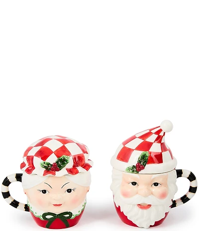 MacKenzie-Childs Holiday Collection Check It Out Mr. & Mrs. Claus Lidded Mugs, Set of 2