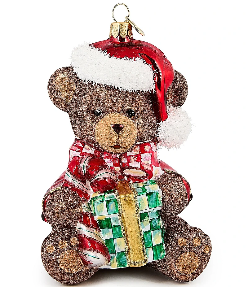 MacKenzie-Childs Holiday Collection Check It Out Teddy Bear Glass Ornament