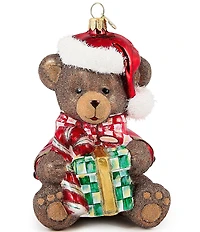 MacKenzie-Childs Holiday Collection Check It Out Teddy Bear Glass Ornament
