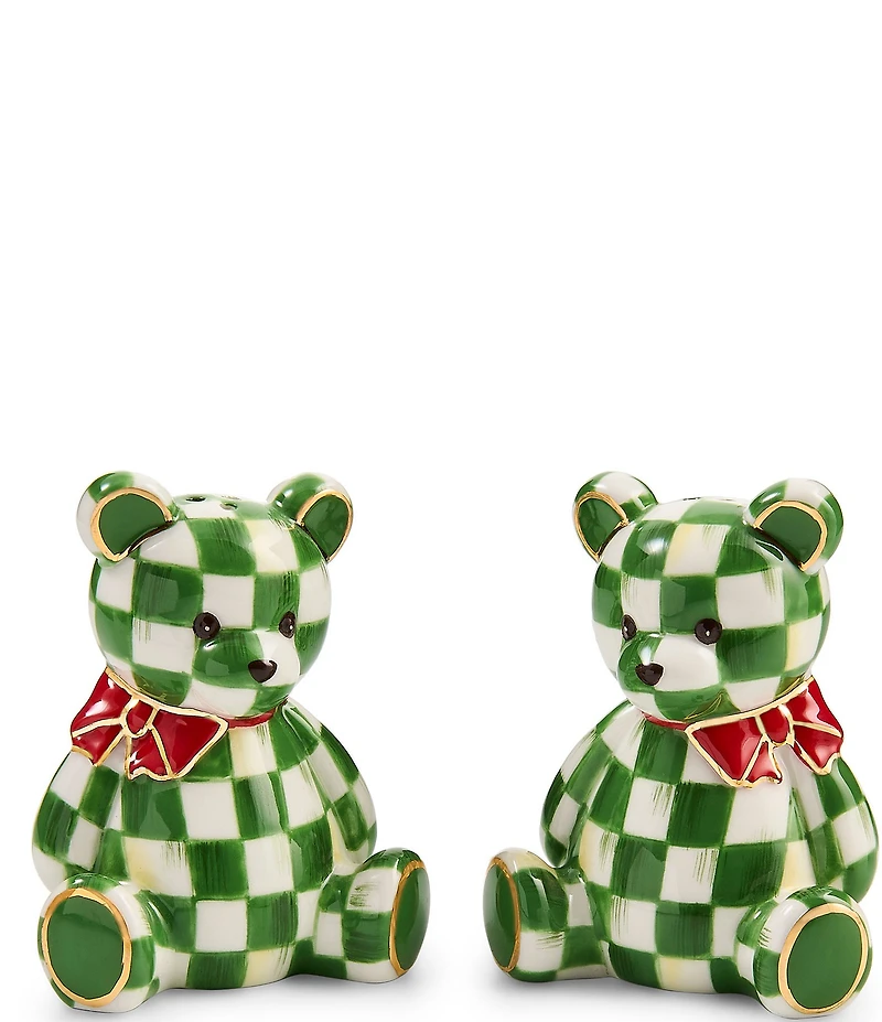 MacKenzie-Childs Holiday Collection Emerald Check Bear Salt and Pepper Shaker Set