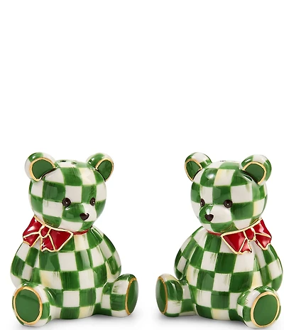MacKenzie-Childs Holiday Collection Emerald Check Bear Salt and Pepper Shaker Set