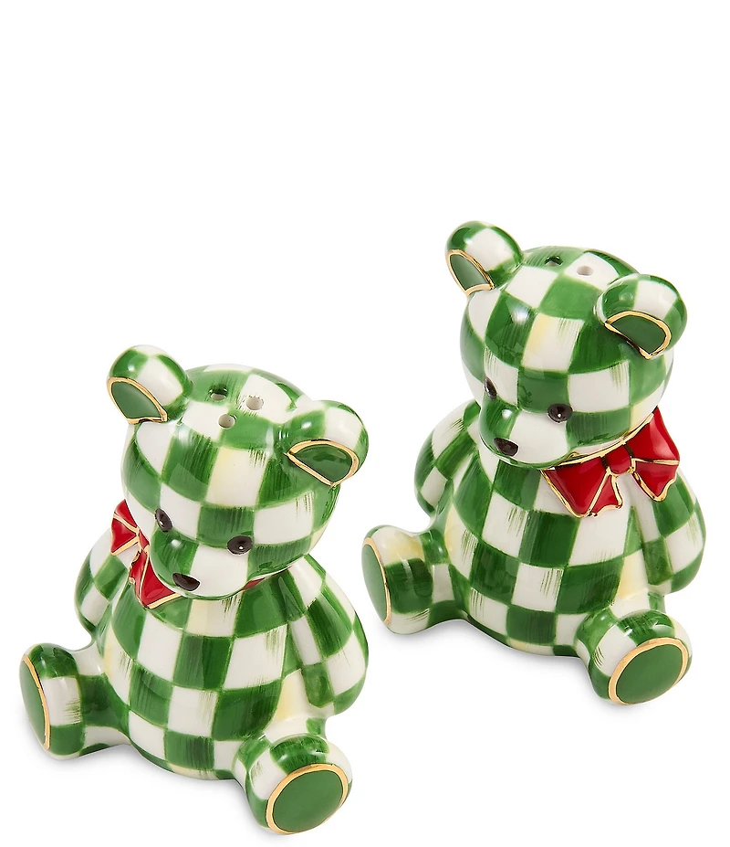 MacKenzie-Childs Holiday Collection Emerald Check Bear Salt and Pepper Shaker Set