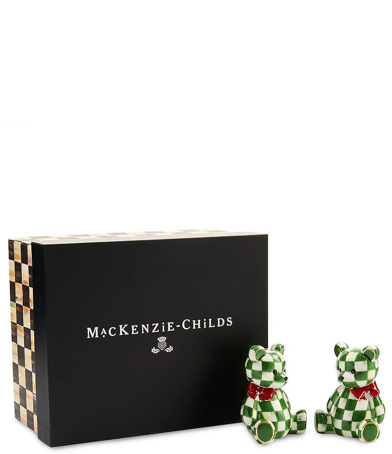 MacKenzie-Childs Holiday Collection Emerald Check Bear Salt and Pepper Shaker Set