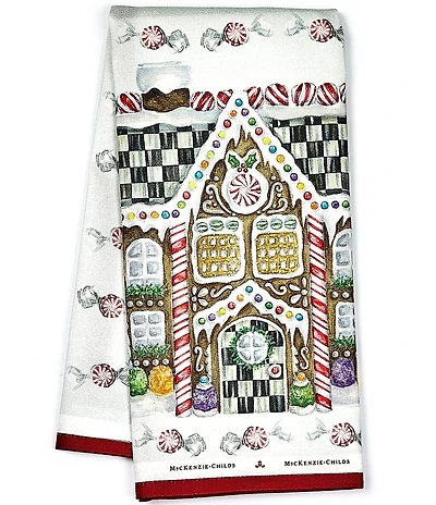 MacKenzie-Childs Holiday Collection Gingerbread House Illustrated Scene Dish Towel