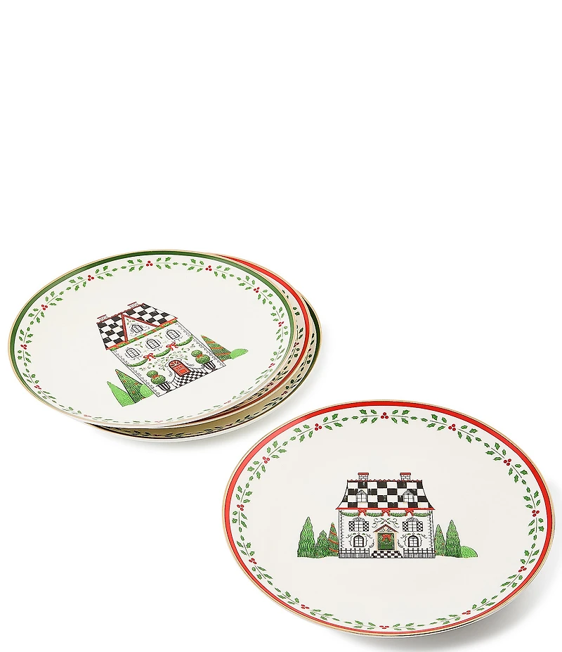 MacKenzie-Childs Holiday Collection Holly Village Ceramic Dessert Plates, Set of 4