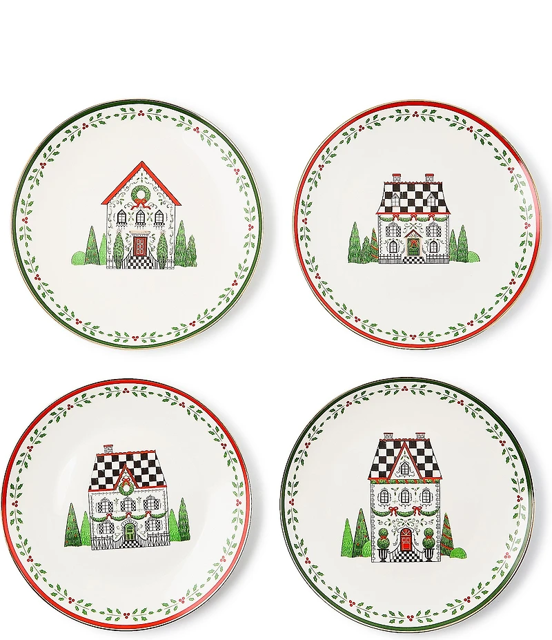 MacKenzie-Childs Holiday Collection Holly Village Ceramic Dessert Plates, Set of 4