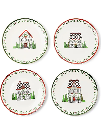 MacKenzie-Childs Holiday Collection Holly Village Ceramic Dessert Plates, Set of 4