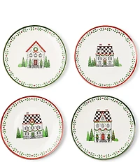 MacKenzie-Childs Holiday Collection Holly Village Ceramic Dessert Plates, Set of 4