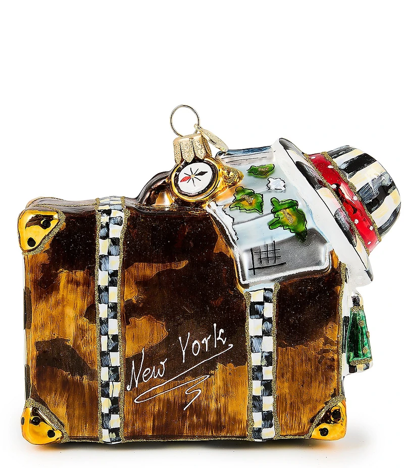 MacKenzie-Childs Holiday Collection New York Suitcase Glass Ornament