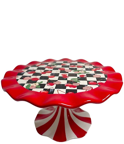 MacKenzie-Childs Mon Cheri Cherry Scalloped Pedestal Serving Platter