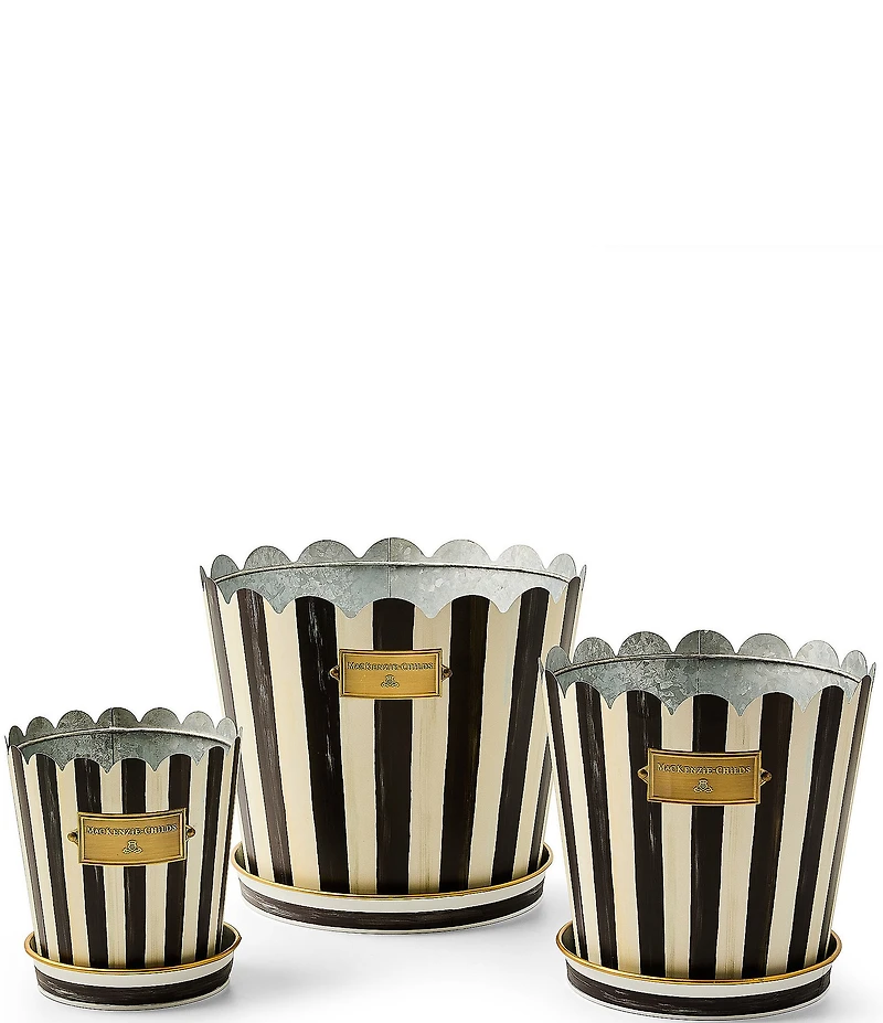 MacKenzie-Childs Outdoor Collection Stripe Scalloped Edge Pots & Saucers, Set of 3