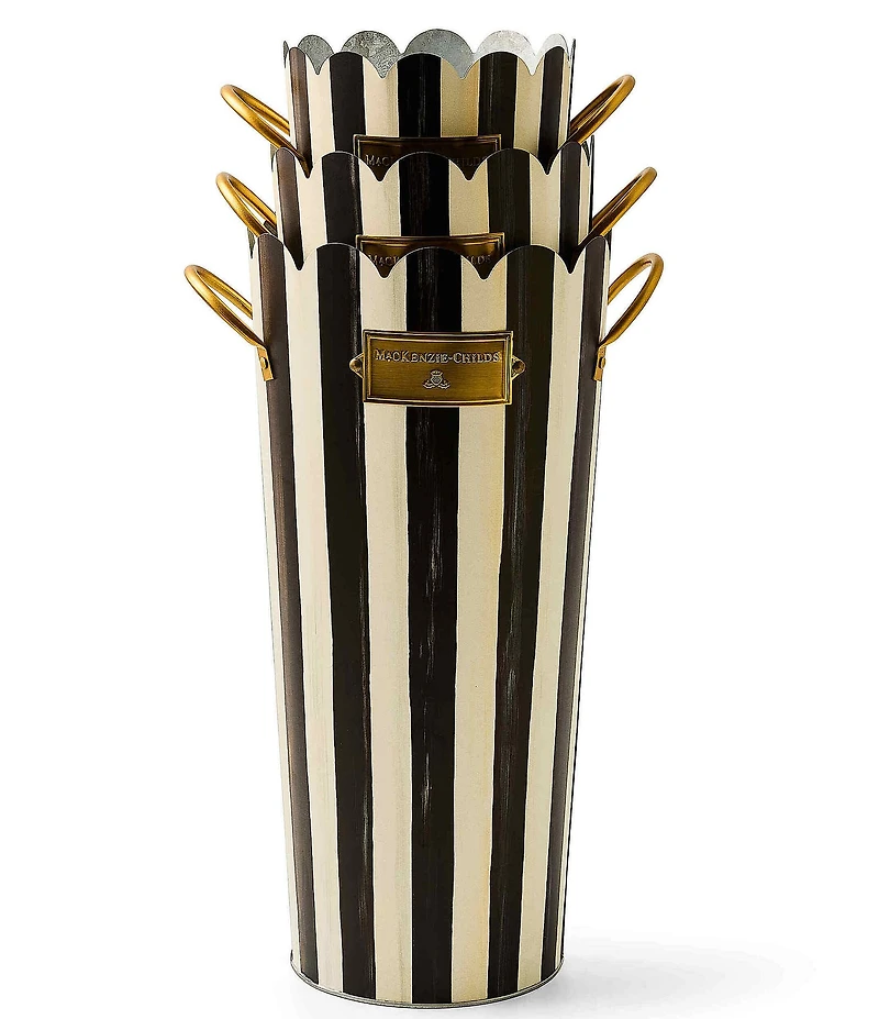 MacKenzie-Childs Outdoor Collection Stripe Scalloped Edge Flower Buckets, Set of 3