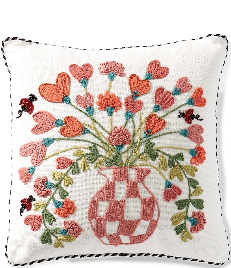 MacKenzie-Childs Pink Check Hearts Bouquet Throw Square Pillow