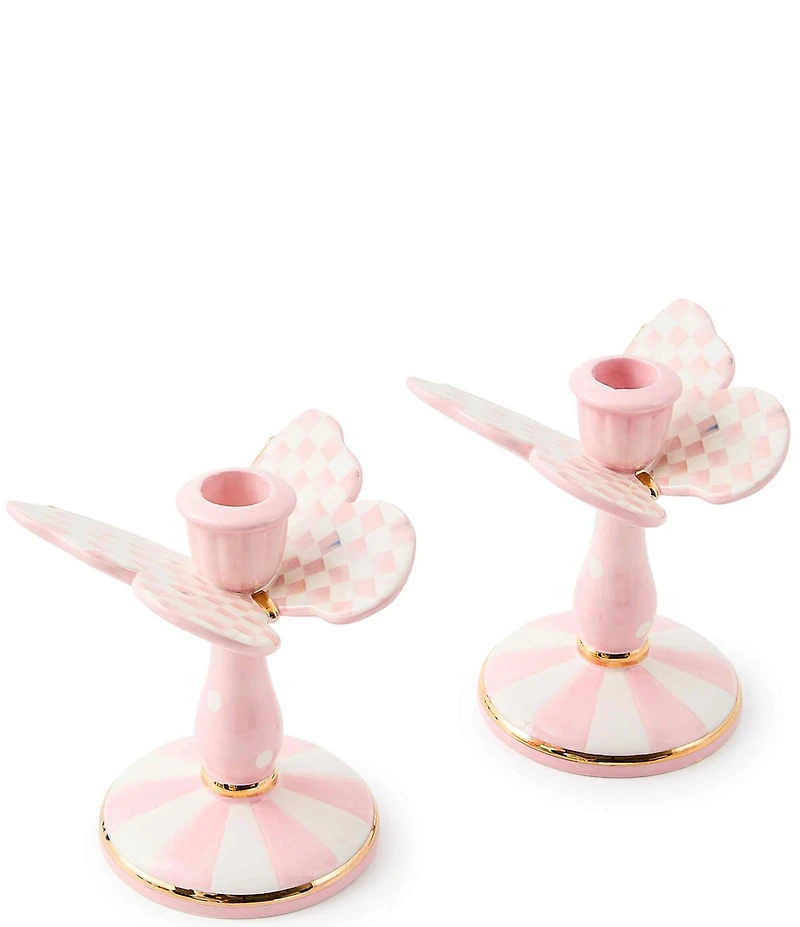 MacKenzie-Childs Rosy Check Tall Butterfly Candlesticks, Set of 2