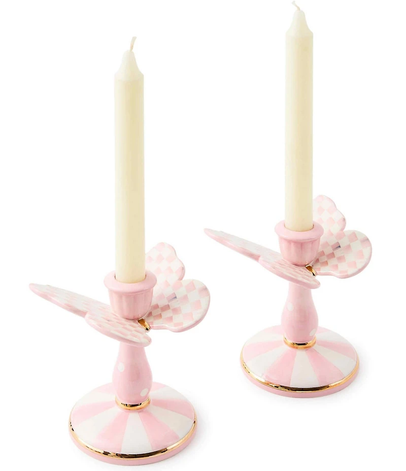 MacKenzie-Childs Rosy Check Tall Butterfly Candlesticks, Set of 2