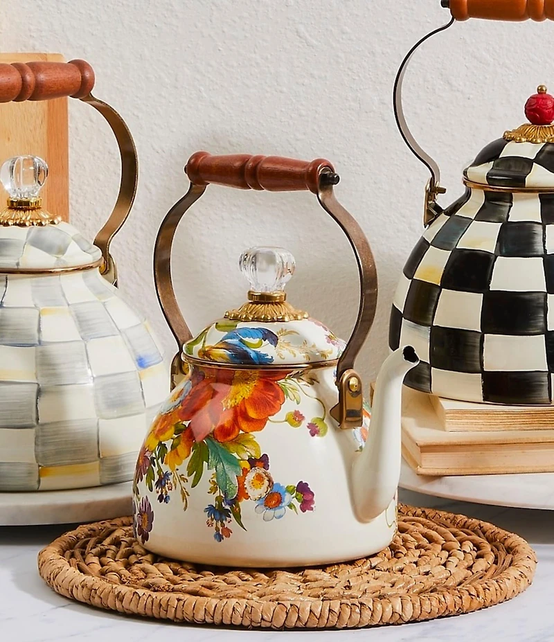 MacKenzie-Childs White Flower Market Enamel Tea Kettle