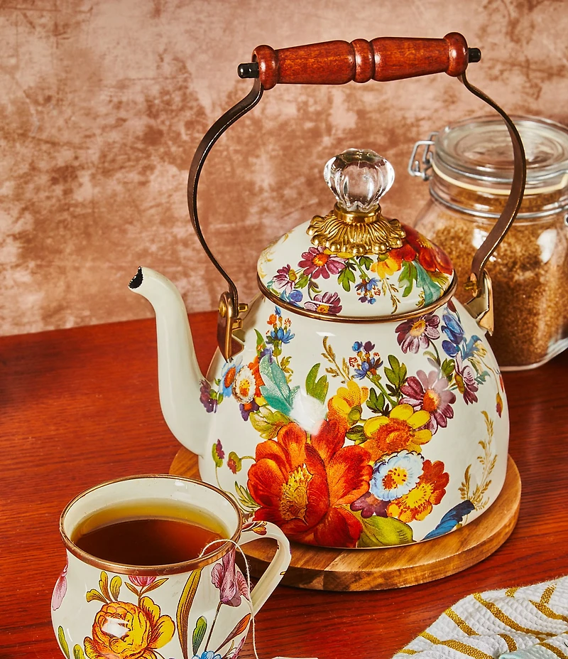 MacKenzie-Childs White Flower Market Enamel Tea Kettle