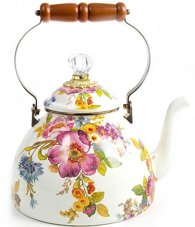 MacKenzie-Childs White Flower Market Enamel Tea Kettle, 3 Qt.