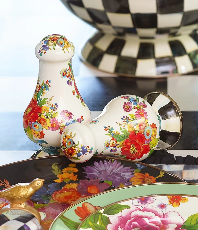 MacKenzie-Childs White Flower Market Enamel Large Salt & Pepper Shaker Set