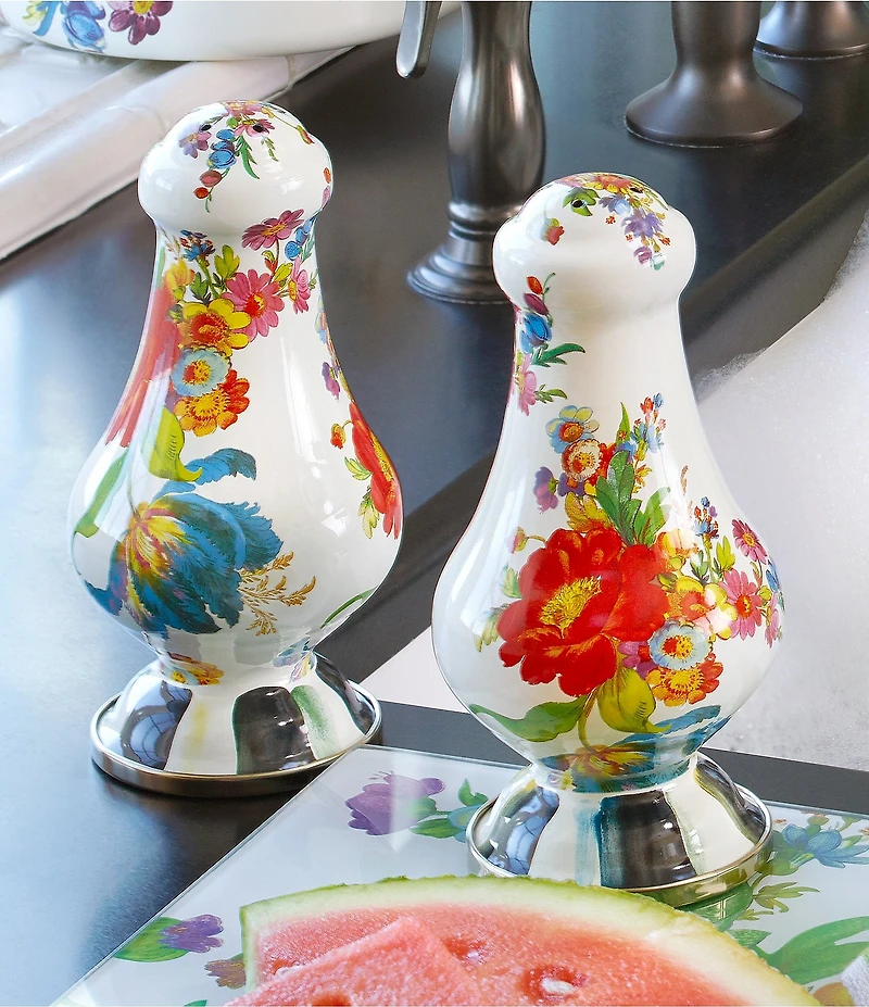 MacKenzie-Childs White Flower Market Enamel Large Salt & Pepper Shaker Set