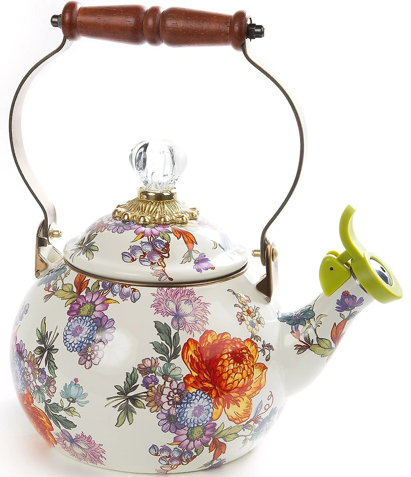 MacKenzie-Childs White Flower Market Enamel Whistling Tea Kettle, 2 Qt.