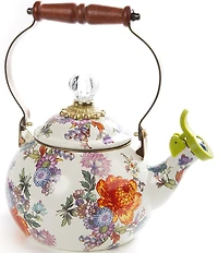 MacKenzie-Childs White Flower Market Enamel Whistling Tea Kettle, 2 Qt.