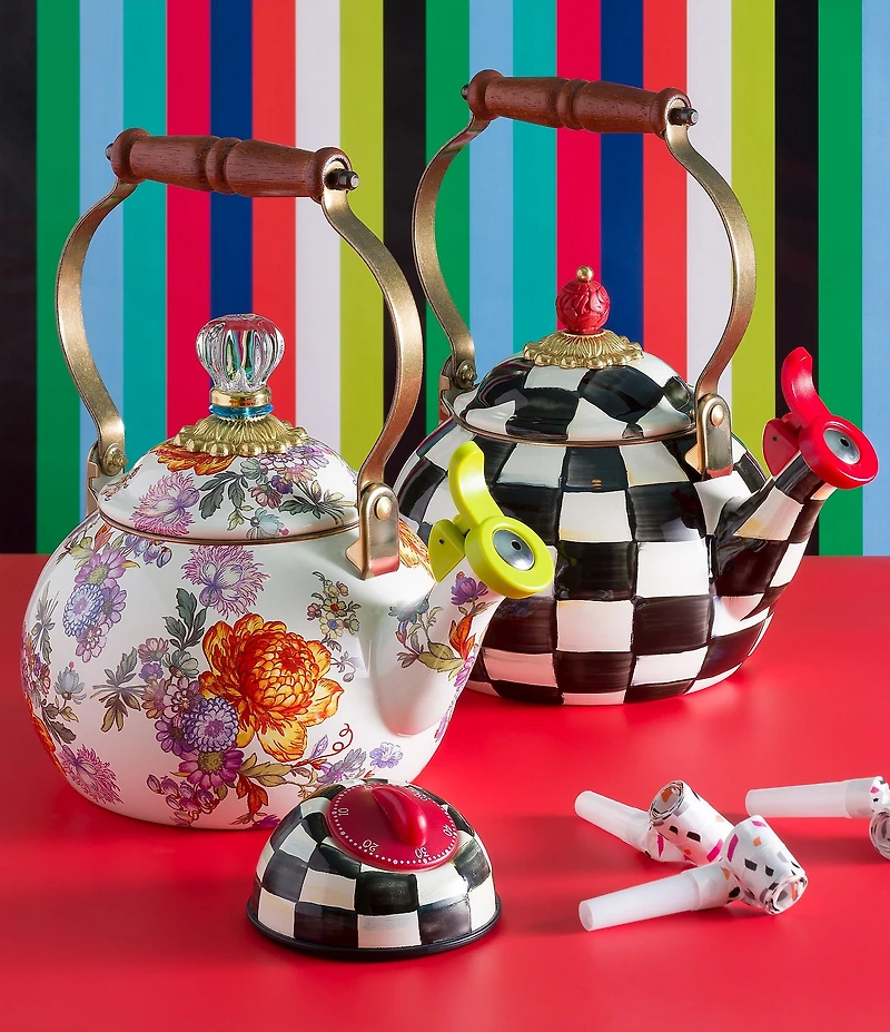 MacKenzie-Childs White Flower Market Enamel Whistling Tea Kettle, 2 Qt.