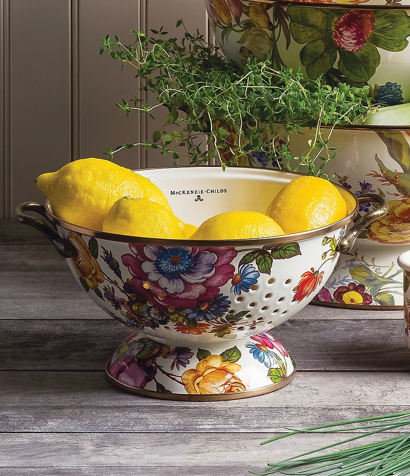 MacKenzie-Childs White Flower Market Large Enamel Colander